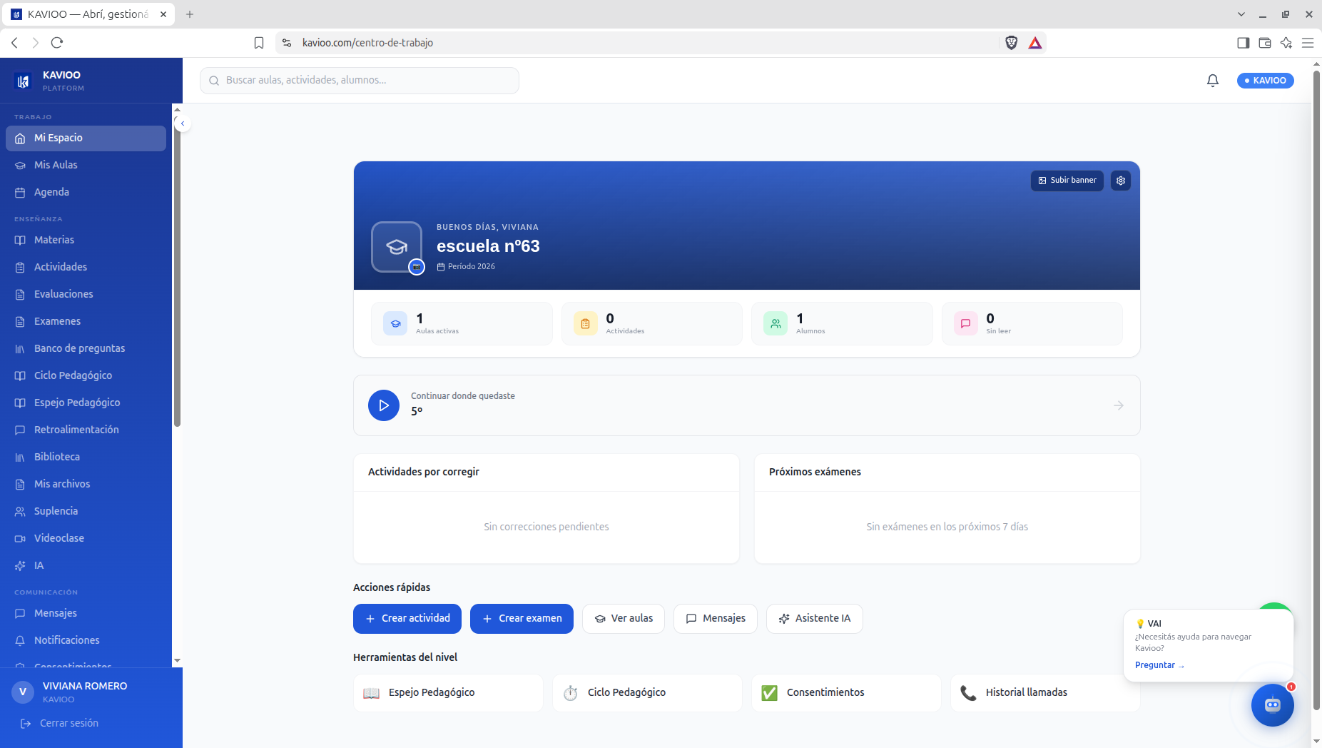 Dashboard del docente en Kavioo